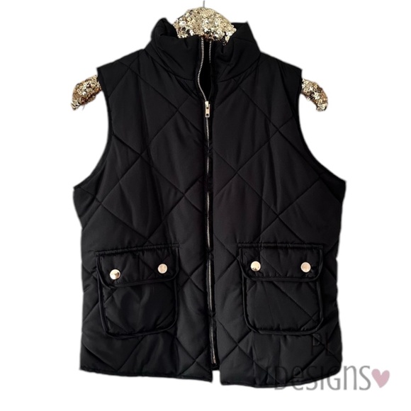 Puffer Vest Black Gold Snaps Full Zipper Small - Picture 1 of 4